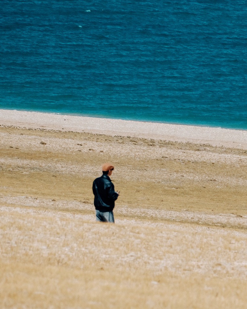 Hardy walking alone across a field beside deep blue water