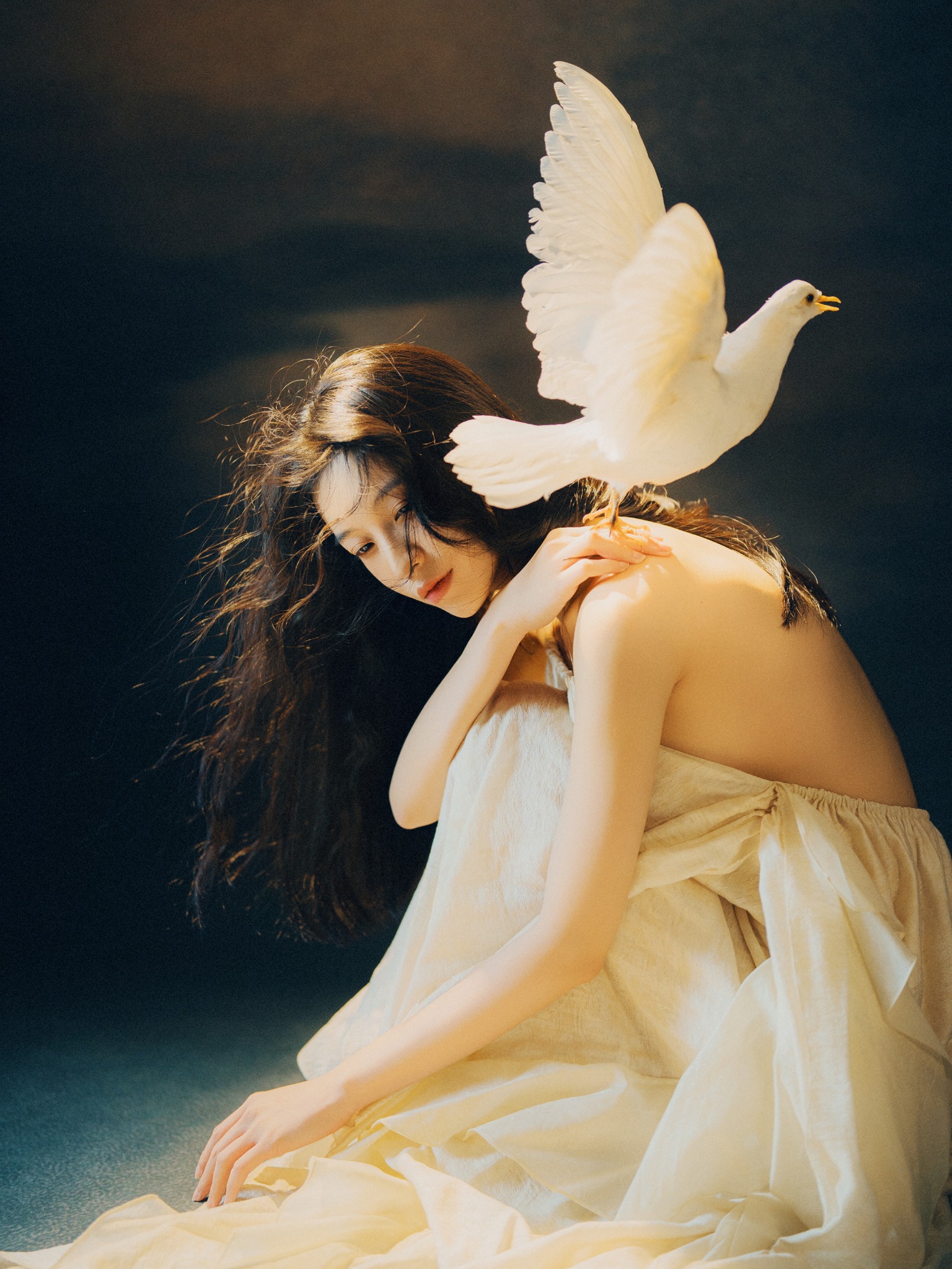 Dreamlike portrait with a white dove